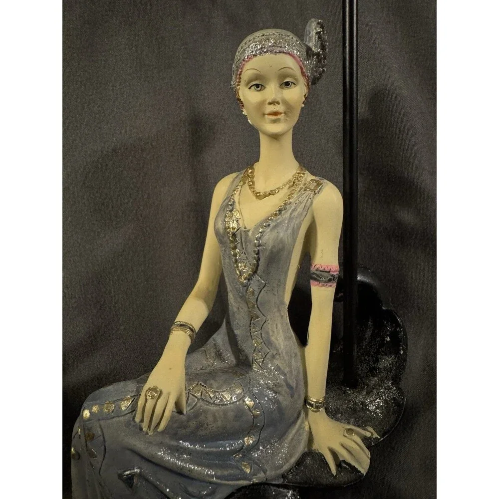 Art Deco Seated Lady Figurine Gray Dress on Black Metal Jewelry Stand Holder